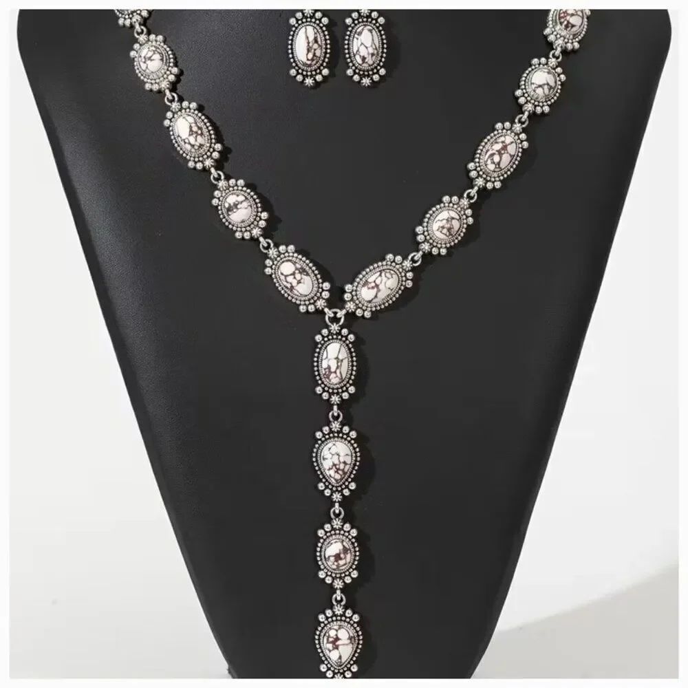 NWT Western Lariat Bohemian Necklace Earring Set White Stones Brown Veining